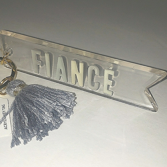 Fiance Acrylic Dovetail Cut Blue Gray Tassle Engagement Keepsake Keychain NWT - Picture 3 of 12